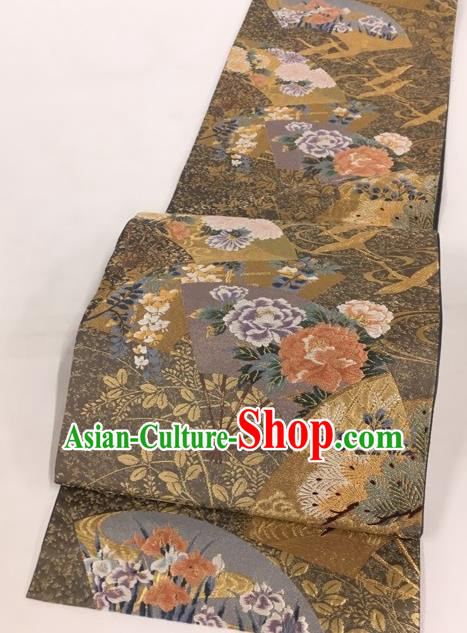 Japanese Traditional Classical Cornflower Peony Pattern Brown Waistband Kimono Brocade Accessories Asian Japan Yukata Belt for Women