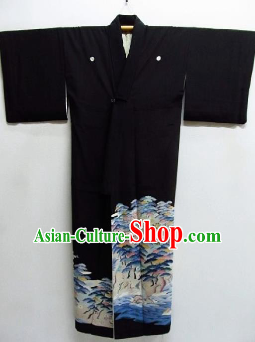 Asian Japanese Samurai Classical Pattern Black Yukata Robe Traditional Japan Kimono Costume for Men
