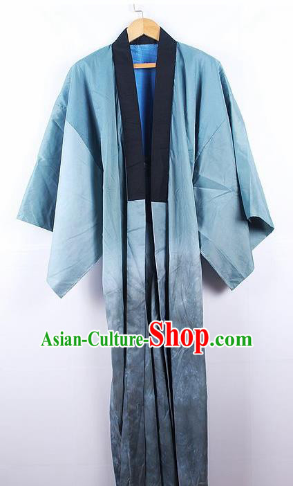 Asian Japanese Samurai Classical Pattern Blue Yukata Robe Traditional Japan Kimono Costume for Men