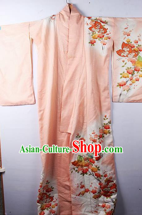 Asian Japanese Palace Classical Plum Chrysanthemum Pattern Pink Furisode Kimono Traditional Japan Yukata Dress for Women