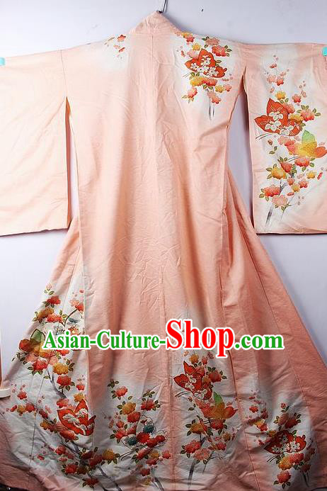 Asian Japanese Palace Classical Plum Chrysanthemum Pattern Pink Furisode Kimono Traditional Japan Yukata Dress for Women