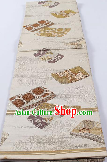 Japanese Classical Drum Pattern White Waistband Kimono Accessories Asian Traditional Yukata Brocade Belt for Women