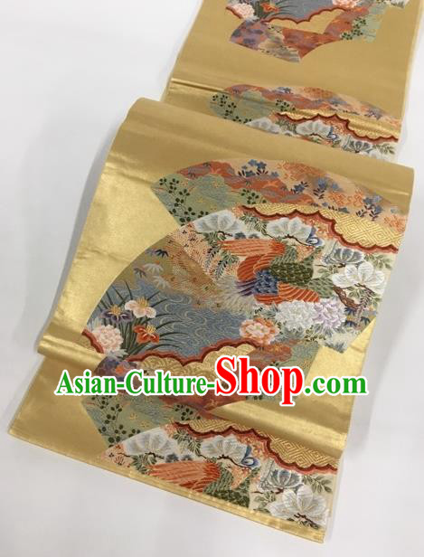 Japanese Traditional Classical Phoenix Peony Pattern Golden Waistband Kimono Brocade Accessories Asian Japan Yukata Belt for Women