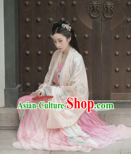Chinese Traditional Tang Dynasty Court Princess Pink Hanfu Dress Ancient Legend Flower Goddess Replica Costume for Women