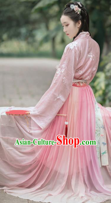 Chinese Traditional Tang Dynasty Court Princess Pink Hanfu Dress Ancient Legend Flower Goddess Replica Costume for Women