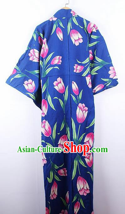 Asian Japanese Ceremony Printing Tulip Blue Kimono Dress Traditional Japan Yukata Costume for Women