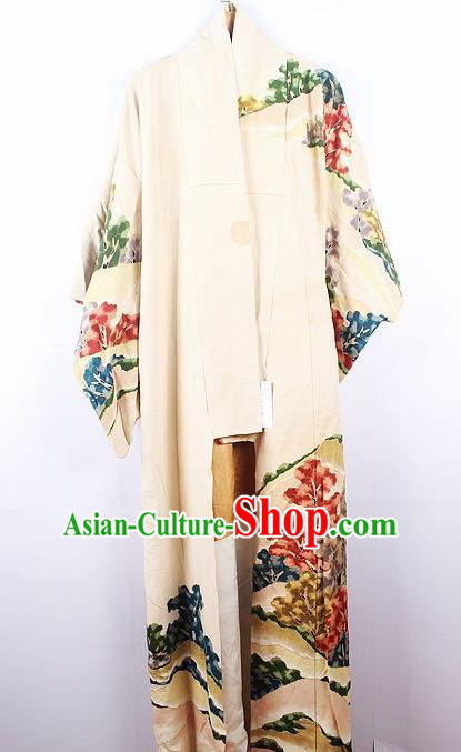 Asian Japanese Ceremony Printing Beige Kimono Dress Traditional Japan Yukata Costume for Women