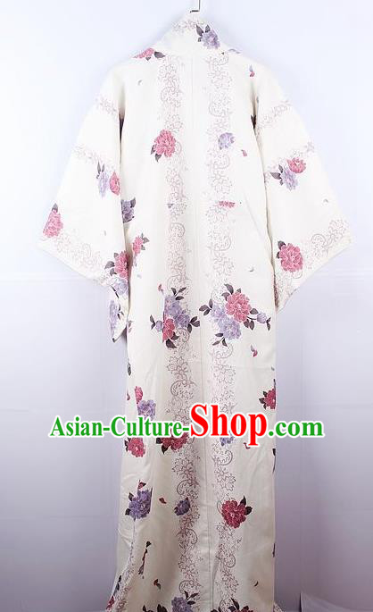 Asian Japanese Ceremony Printing Camellia White Kimono Dress Traditional Japan Yukata Costume for Women