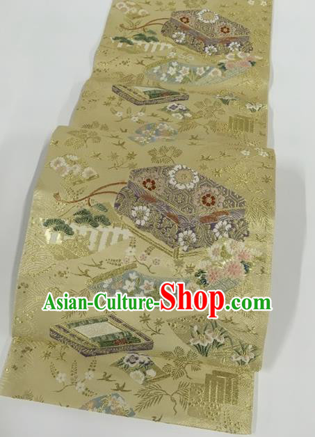 Japanese Traditional Classical Flowers Pattern Golden Waistband Kimono Brocade Accessories Asian Japan Yukata Belt for Women