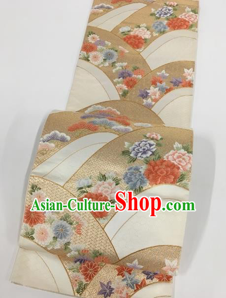 Japanese Traditional Classical Peony Pattern White Waistband Kimono Brocade Accessories Asian Japan Yukata Belt for Women
