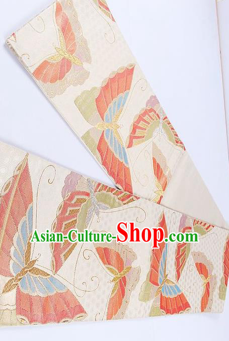 Japanese Traditional Classical Butterfly Pattern Beige Kimono Brocade Accessories Asian Japan Yukata Belt for Women