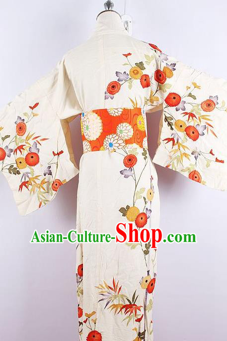 Asian Japanese Ceremony Printing Chrysanthemum Beige Kimono Dress Traditional Japan Yukata Costume for Women