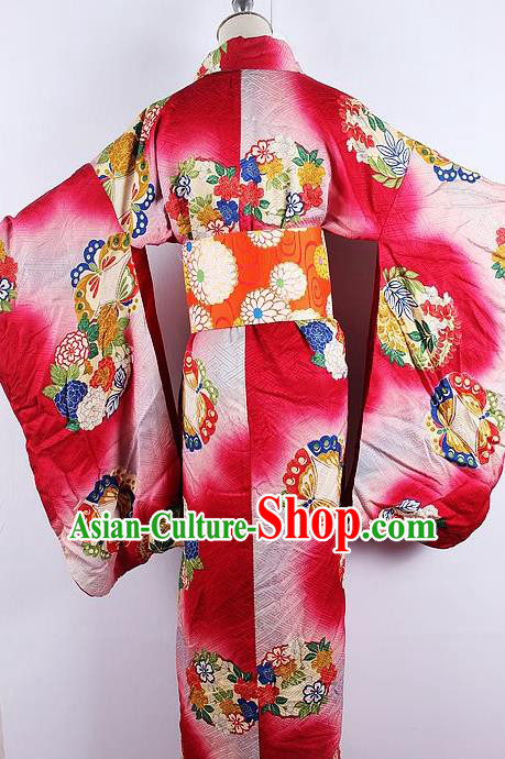 Asian Japanese Ceremony Printing Butterfly Rosy Kimono Dress Traditional Japan Yukata Costume for Women