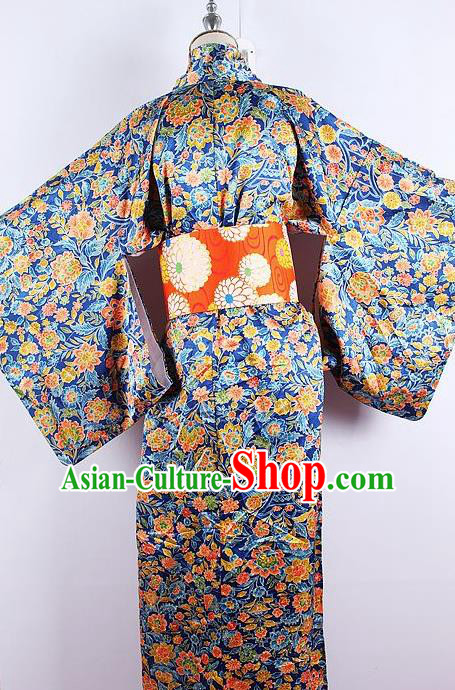 Asian Japanese Ceremony Printing Flowers Blue Kimono Dress Traditional Japan Yukata Costume for Women