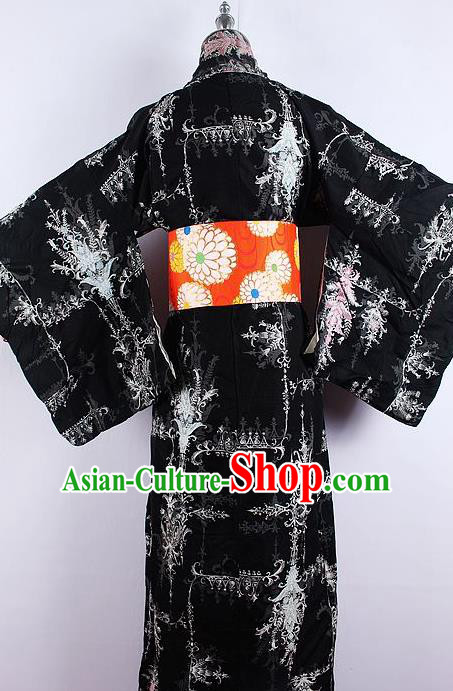Asian Japanese Ceremony Printing Black Kimono Dress Traditional Japan Yukata Costume for Women