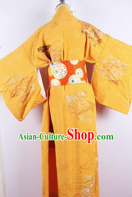 Asian Japanese Ceremony Printing Dragon Boat Yellow Kimono Dress Traditional Japan Yukata Costume for Women