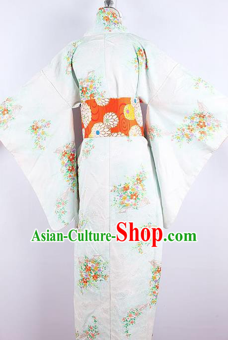 Asian Japanese Ceremony Printing Primrose White Kimono Dress Traditional Japan Yukata Costume for Women