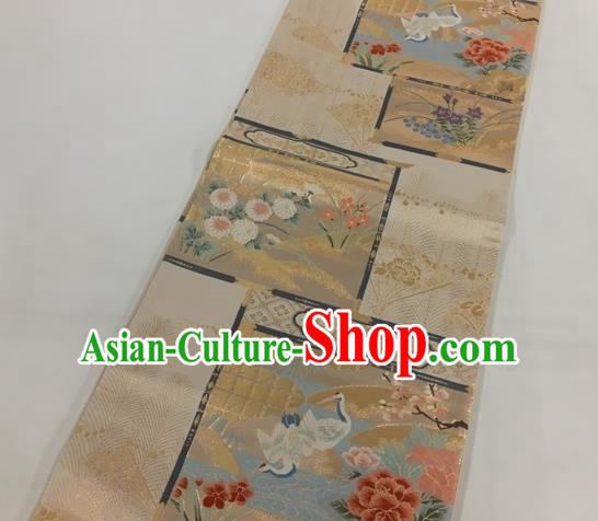 Japanese Traditional Classical Peony Crane Pattern Khaki Waistband Kimono Brocade Accessories Asian Japan Yukata Belt for Women