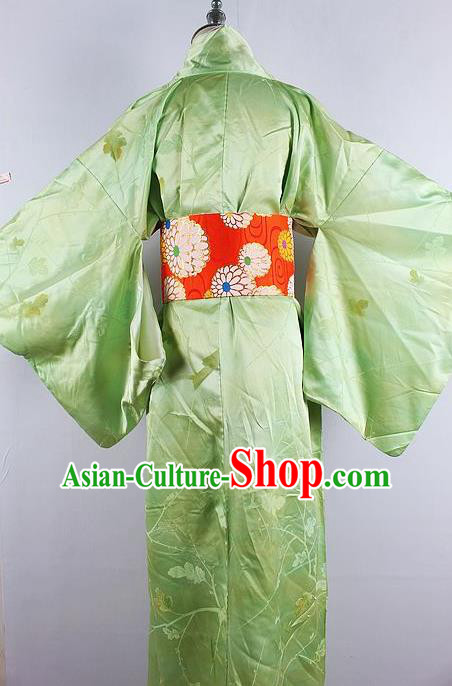 Asian Japanese Ceremony Green Silk Kimono Dress Traditional Japan Yukata Costume for Women