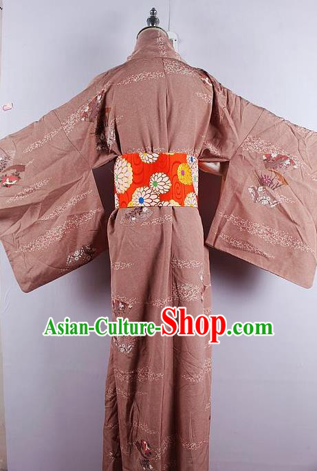 Japanese Ceremony Costume Printing Brown Silk Kimono Dress Traditional Asian Japan Yukata for Women