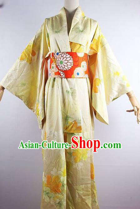 Japanese Ceremony Costume Printing Yellow Silk Kimono Dress Traditional Asian Japan Yukata for Women