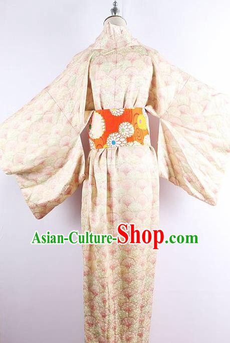 Japanese Ceremony Costume Printing Light Golden Silk Kimono Dress Traditional Asian Japan Yukata for Women