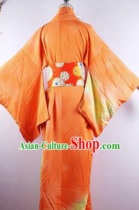 Japanese Ceremony Costume Orange Silk Kimono Dress Traditional Asian Japan Yukata for Women