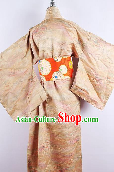 Asian Japanese Ceremony Printing Champagne Kimono Dress Traditional Japan Yukata Costume for Women