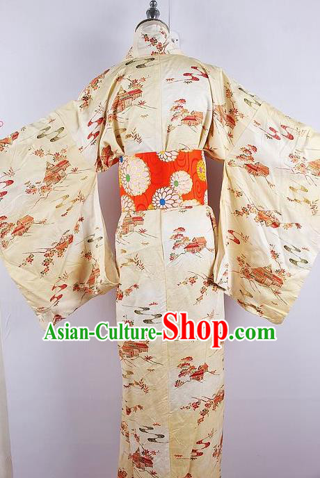 Asian Japanese Ceremony Printing Light Yellow Kimono Dress Traditional Japan Yukata Costume for Women