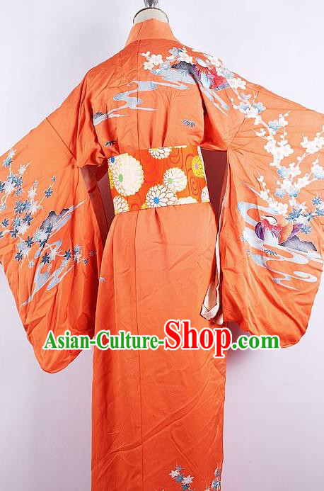 Asian Japanese Ceremony Printing Plum Orange Kimono Dress Traditional Japan Yukata Costume for Women