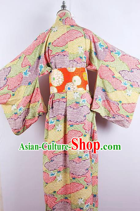 Asian Japanese Ceremony Printing Maple Leaf Light Green Kimono Dress Traditional Japan Yukata Costume for Women