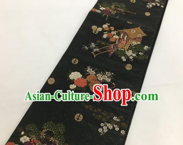 Japanese Classical Peony Gharry Pattern Black Nishijin Waistband Traditional Kimono Brocade Accessories Asian Japan Yukata Belt for Women