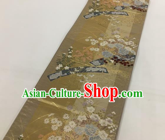 Traditional Japanese Classical Peony Pattern Dark Golden Nishijin Waistband Kimono Brocade Accessories Yukata Belt for Women
