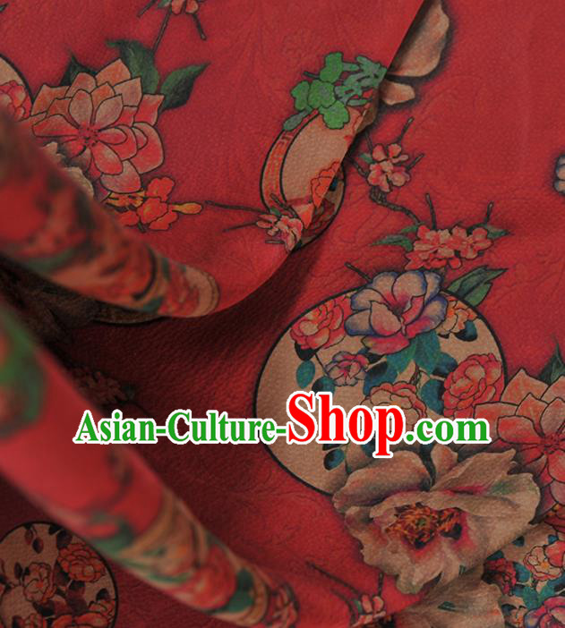 Chinese Traditional Classical Peach Blossom Pattern Design Red Gambiered Guangdong Gauze Asian Brocade Silk Fabric
