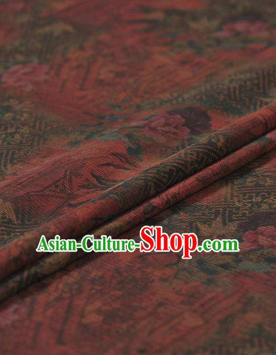 Chinese Traditional Classical Peony Pavilion Pattern Design Red Gambiered Guangdong Gauze Asian Brocade Silk Fabric