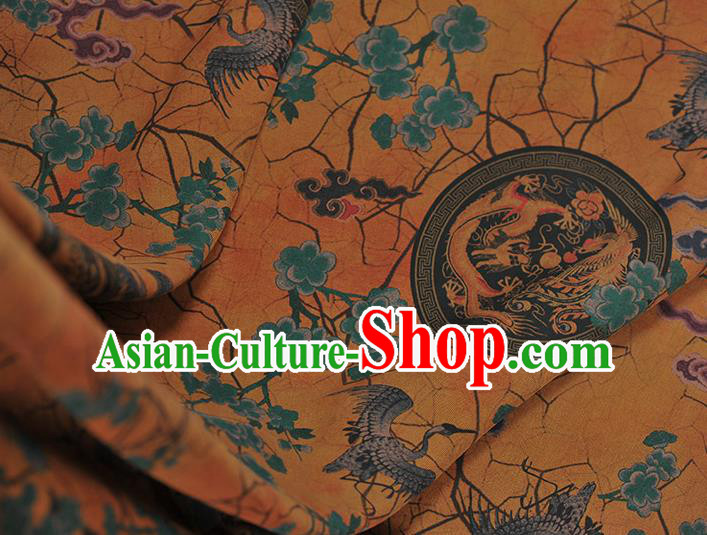 Chinese Traditional Crane Dragon Phoenix Pattern Design Yellow Gambiered Guangdong Gauze Asian Brocade Silk Fabric