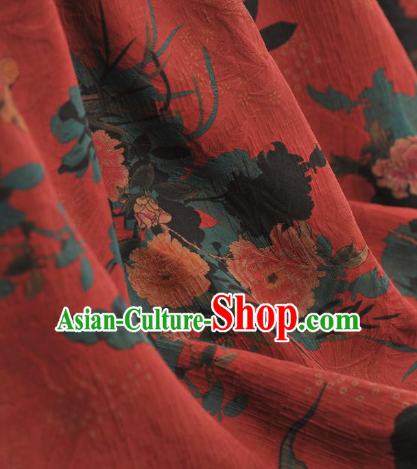 Chinese Traditional Peony Orchid Pattern Design Red Gambiered Guangdong Gauze Asian Brocade Silk Fabric