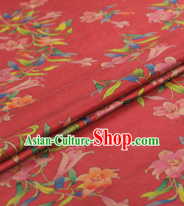 Chinese Traditional Petunia Pattern Design Red Gambiered Guangdong Gauze Asian Brocade Silk Fabric
