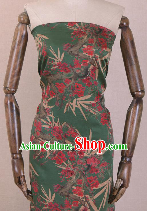 Chinese Classical Bamboo Plum Blossom Pattern Design Green Gambiered Guangdong Gauze Traditional Asian Brocade Silk Fabric