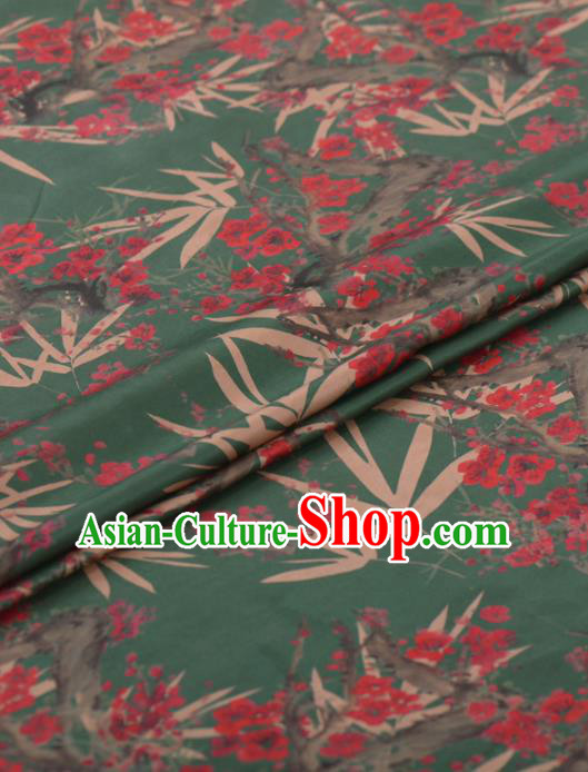 Chinese Classical Bamboo Plum Blossom Pattern Design Green Gambiered Guangdong Gauze Traditional Asian Brocade Silk Fabric