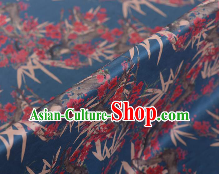Chinese Classical Bamboo Plum Blossom Pattern Design Blue Gambiered Guangdong Gauze Traditional Asian Brocade Silk Fabric