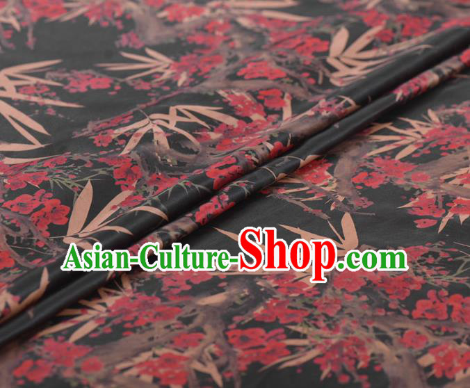Chinese Classical Bamboo Plum Blossom Pattern Design Black Gambiered Guangdong Gauze Traditional Asian Brocade Silk Fabric