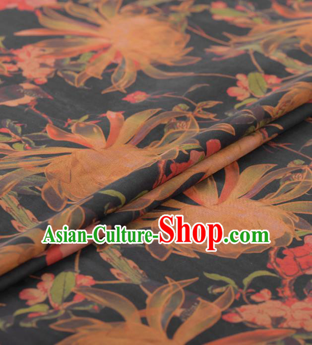 Chinese Classical Ottelia Acuminata Pattern Design Black Gambiered Guangdong Gauze Traditional Asian Brocade Silk Fabric