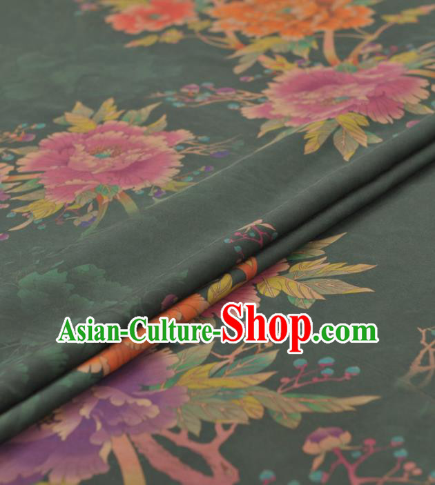 Chinese Classical Peony Pattern Design Olive Green Gambiered Guangdong Gauze Traditional Asian Brocade Silk Fabric