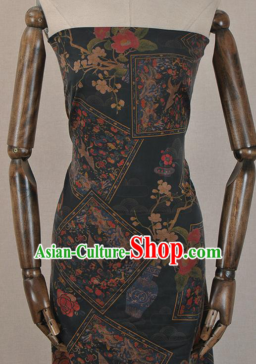 Asian Chinese Classical Cranes Wintersweet Pattern Design Black Gambiered Guangdong Gauze Traditional Cheongsam Brocade Silk Fabric