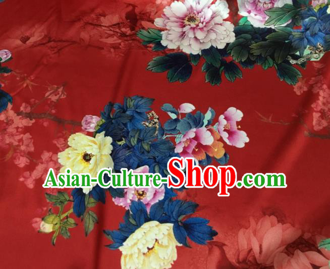 Asian Chinese Classical Magnolia Peony Pattern Red Brocade Satin Drapery Traditional Cheongsam Brocade Silk Fabric