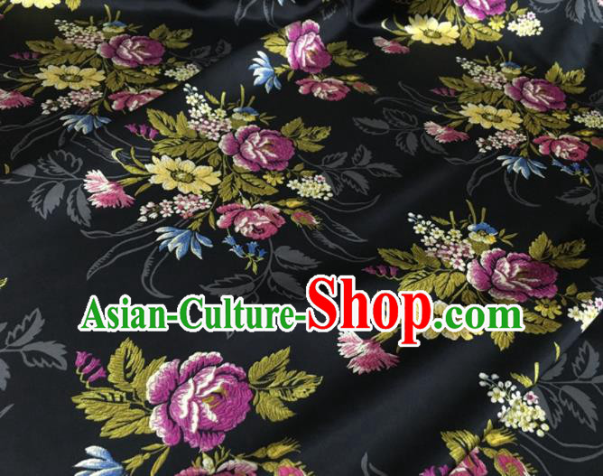 Asian Chinese Classical Roses Pattern Black Brocade Satin Drapery Traditional Cheongsam Brocade Silk Fabric
