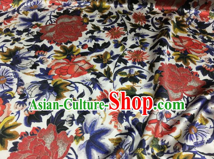Asian Chinese Classical Peony Pattern White Brocade Satin Drapery Traditional Cheongsam Brocade Silk Fabric