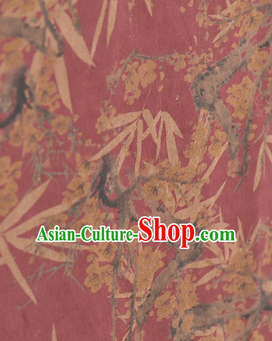Asian Chinese Classical Plum Bamboo Leaf Pattern Wine Red Gambiered Guangdong Gauze Traditional Cheongsam Brocade Silk Fabric