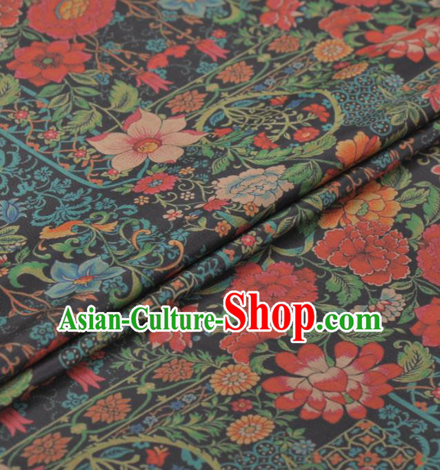 Asian Chinese Classical Lotus Peony Pattern Black Gambiered Guangdong Gauze Traditional Cheongsam Brocade Silk Fabric